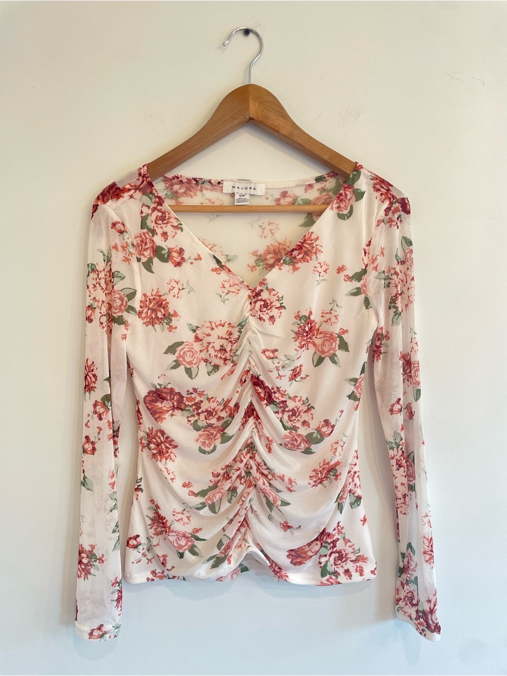 Rose Patterned Ruched Mesh Top